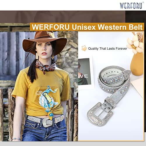 WERFORU Men Women Rhinestone Studded Western Leather Belt Western Cowboy Cowgirl Unisex Waist Belt with Rhinestone Buckle4