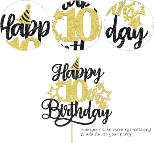 Image of Confetti! Glittering 10th Birthday Cake Topper with Star Hat - Cheers to 10 Years! Fabulous Cake Decorations for Kids' 10th Birthday & Anniversary Party Supply