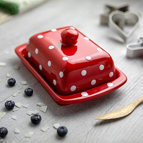 City to Cottage® Red and White Polka Dot Spotty Handmade Hand Painted Ceramic Covered Butter Dish with Lid