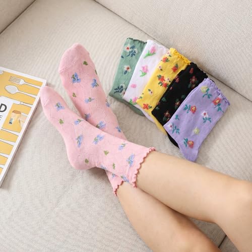Image of 6 Pairs Women Ruffle Frilly Socks, Cute Floral Ankle Socks for Women Cotton Knit Casual Crew Sock Size 5-9