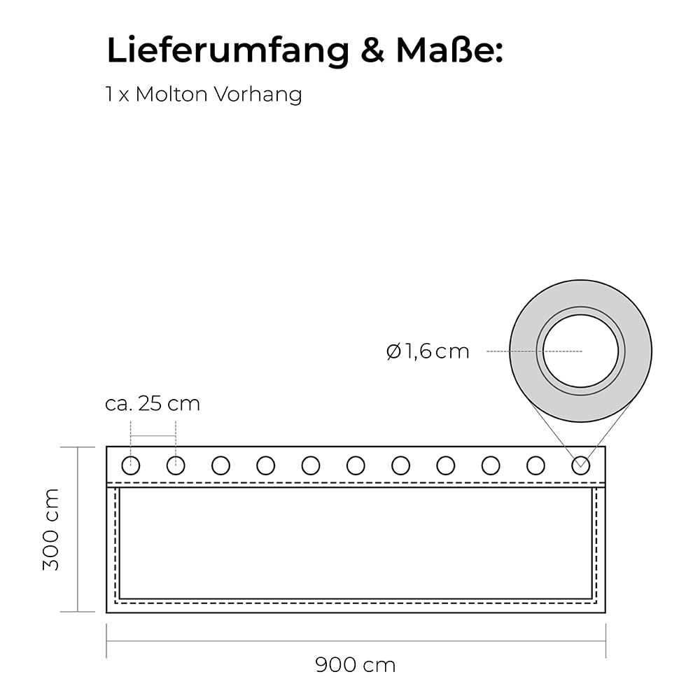 B1 Bühnenmolton konfektioniert – Molton-Vorhang aus Baumwolle, blickdichter Verdunkelungsvorhang mit 16er Ösen, ideal für Film, Foto, Theater und Event – 9 x 3 m, 300g/m2, Schiefergrau