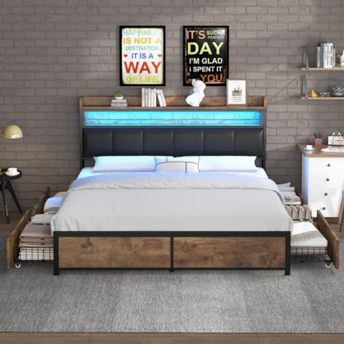 Lit rétro 160 * 200 cm,Lit rembourré avec éclairage LED sommier, Modern PU lit Deux Personnes hydraulique avec sommier à Lattes et Rangement,Lit de Rangement avec tête LED und 4 tiroirs
