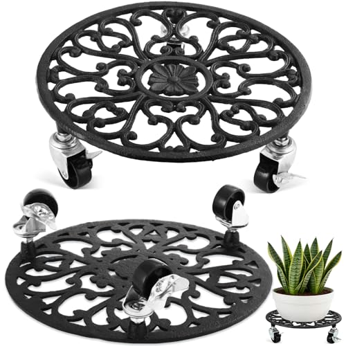 2 Pack Cast Iron Plant Caddy with Wheels Heavy Duty, 11 Inch Plant Rollers with Wheels for Planter Stand on Metal Wheel, Round Roller Plants Stand Indoor Metal Rolling Planter Holders Plants Mover