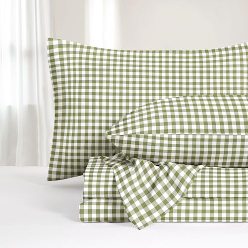 Wake In Cloud - Gingham Bed Sheets 4-Piece Sheet Set Plaid Checkered Check Pattern Printed Cute Preppy College Dorm Bedding Deep Pocket Moss Green Full Size