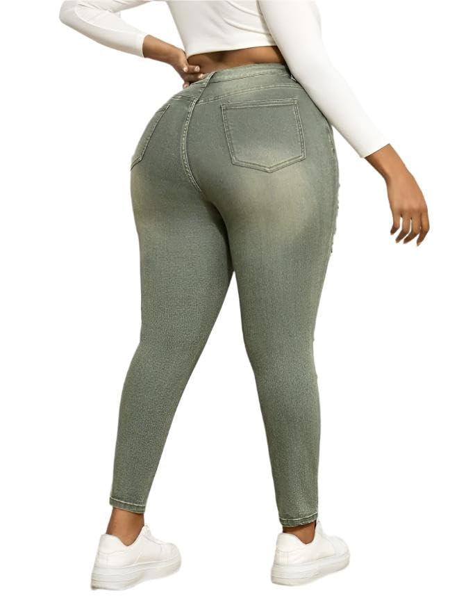 Plus Size High Waist Stretchy Distressed Skinny Denim Jeans – Ripped Design, Medium Stretch Fabric, Multiple Colors2