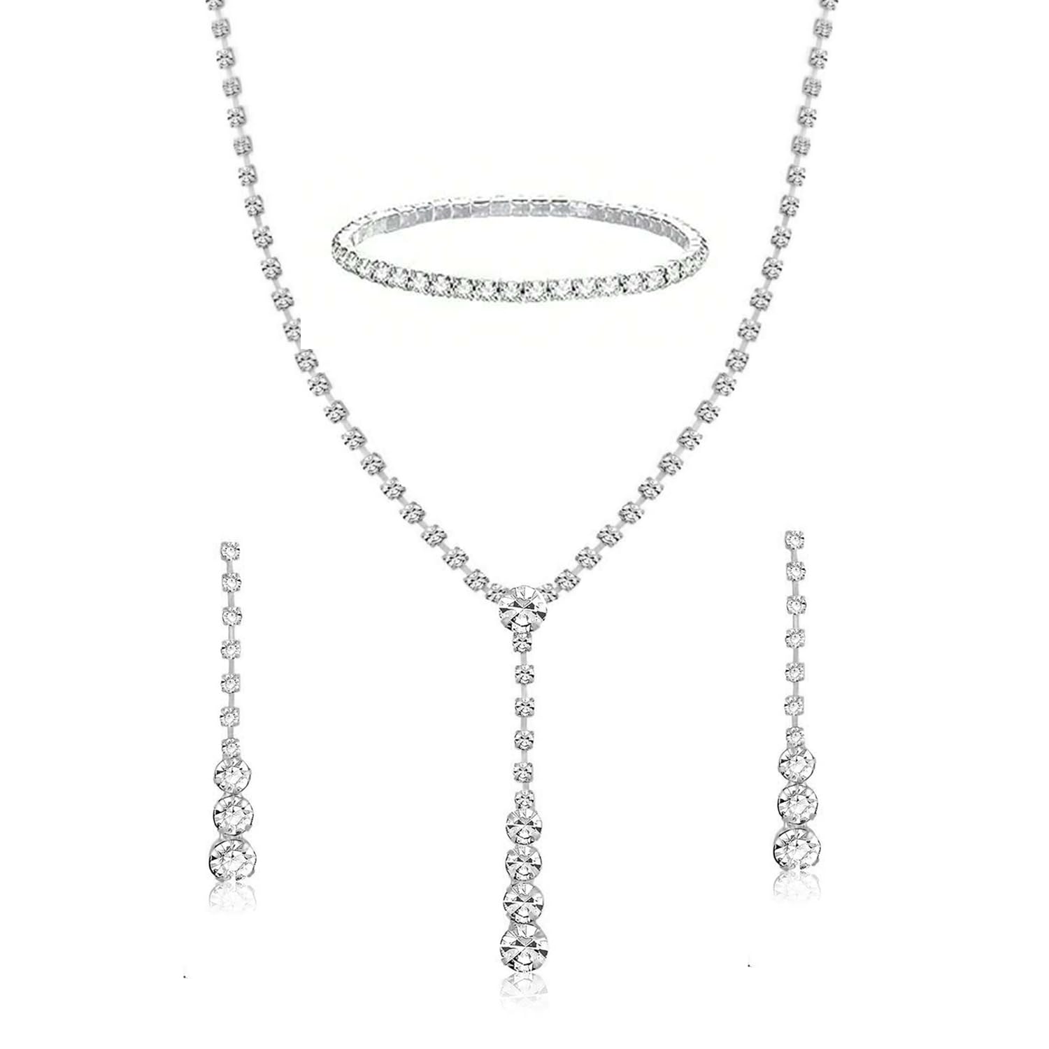 Silver Plated Crystal Studded Pendant Style Necklace Drop Earrings & Bracelet Set Contemporary Jewellery for Women-image-41