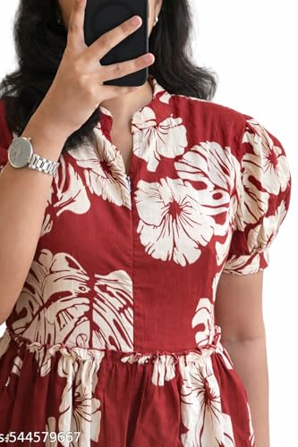 Image of Women's Rayon A-Line Midi Dress, Floral Print, Short Sleeves, Round Neck, Tiered Design
