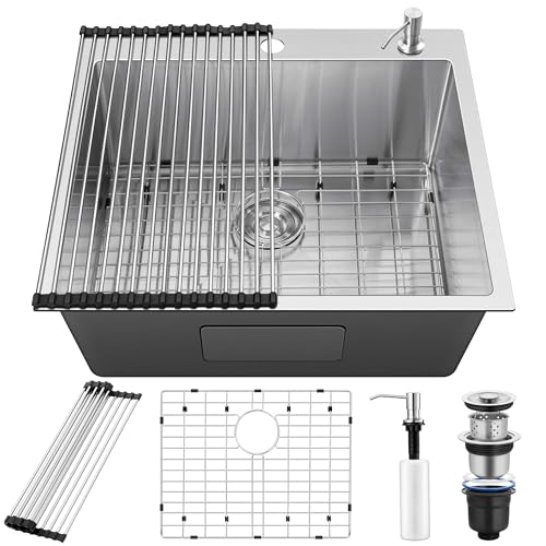 25x22Inch Drop In Kitchen Bar Sink, Herogo Stainless Steel Handmade 10'' Deep Topmount Single Bowl Kitchen Workstaion Rv Sink Basin for Laundry Room Utility with Accessories