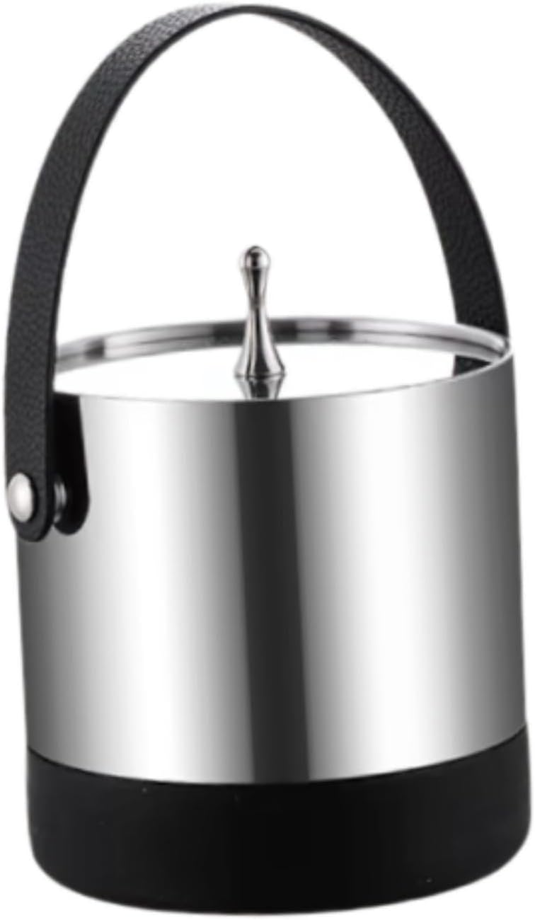 Double Layer Stainless Steel Ice Bucket with Lid, Multipurpose Drink Tub for Champagne, Wine, Beer - 5 Liter Capacity for Bar, Camping, Restaurant, Cocktails, Parties- Pu Leather Handle