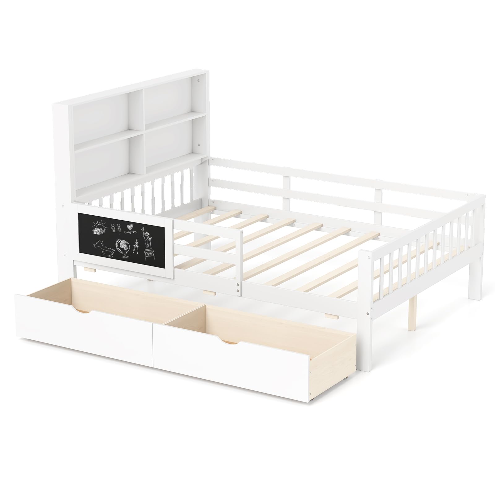 GIANTEX Kinderbett 140x200 cm mit Bücherregal & Tafel, Doppelbett mit Stauraum, Jugendbett mit 2 Schubladen, Plattformbett Bettgestell mit Rausfallschutz & Lattenrost, Holzbett für Kinder, Weiß