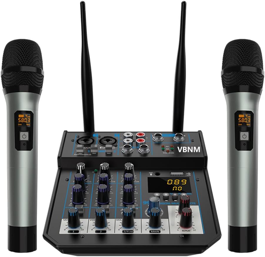 Wireless Microphone System with Audio Mixer, 2 Handheld Mics, 6-Channel, Black