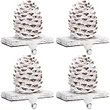 4 Pieces Christmas Pine Cone Stocking Holder Metal Mantel Stocking Hanging Hook Xmas Pine Cone Stocking Holder Fireplace Stocking Hanger for Fireplace Mantel Christmas Decor ()