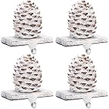 Hotop 4 Pieces Christmas Pine Cone Stocking Holder Mantle Stocking Hanging Hook Xmas Pine Cone Stocking Holder Fireplace Stocking Hanger for Fireplace Mantle Christmas Decor (White)