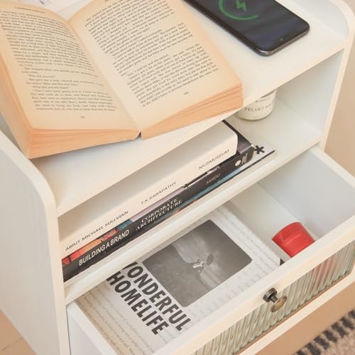 AWASEN White Nightstand with Charging Station, Modern Bedside Table with Glass Decorative Drawer, Small End Table Side Table with 2 Tiers Storage Space, for Bedroom, Office and Small Space(White)