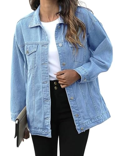 SeekMe Women's Oversized Jean Jacket Plus Size Button Down Washed Mid Long Denim Jacket