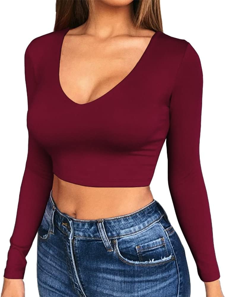 Artfish Women's Long Sleeve Scoop V Neck Crop Top