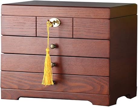 Jewelry Box Retro Solid Wooden Jewelry Storage Box with Lock 4-Layer Large Capacity Jewelry Organizer Box Display Drawer Case Color Brown