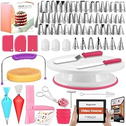 RFAQK 200PCs Cake Decorating Kit with Cake Turntable & Leveler, Baking Supplies Gift Includes 110+1 Piping Bags,55 Icing Tips,2 Frosting Spatulas, Adjustable Scraper, Complete Video Course & much more