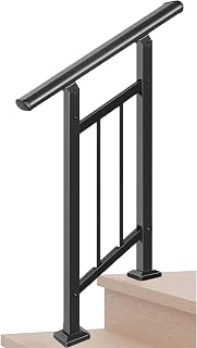 Metty Metal 2-Step Outdoor Handrails - Adjustable Wrought Iron Stair Railing for Porch Steps, Black with Balusters, Safe & Sturdy