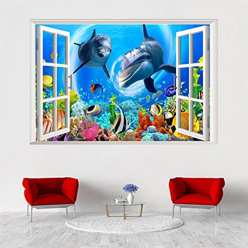 Wall Decals 3D Ocean World Fake Windows Wall Sticker Vinyl Self-Adhesive Art For Kids Baby Bedroom Bathroom Living Room Study Wall Decoration Gift Supplies(22.4"X35.4") #TOP17