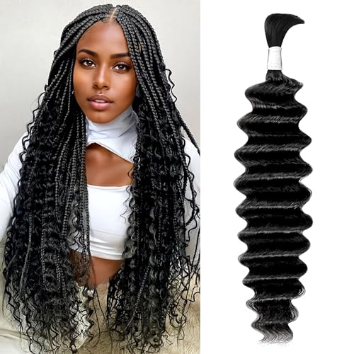 Deep Wave Bulk Human Hair for Braiding 1 Bundle 50g 26 Inch No Weft 10A Brazilian Virgin Curly Human Hair Extensions for Boho Braids Wet Wavy Human Braiding Hair (26",1B) 26 Inch 1B#
