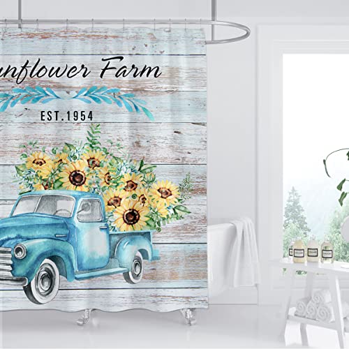 Zxmbf Sunflower Shower Curtain Rustic Farmhouse Teal Truck Blue Wood Barn Plank Country Home Bathroom Decor Waterproof Polyester Fabric 72Lx72W Inch 12Pcs Plastic Hooks #TOP1