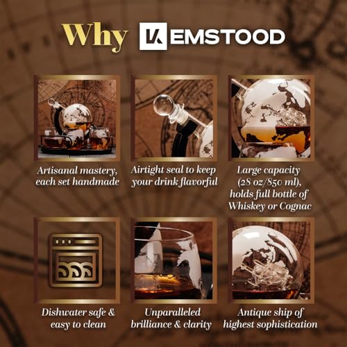 Foto von Kemstood Whiskey-Dekanter-Sets, geätztes Weltkugel-Design mit Holzständer & 2 Gläsern, ideal für stylisches Trinken, Heimdekoration, einzigartiges Whisky-Geschenk für Herren, 850 ml Fassungsvermögen