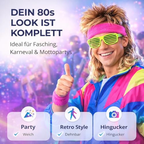 3er Set Schweißband & Stirnband Set pink - Vokuhila-Outfits & Retro der 80er und 90er - Accessoire für Fasching und Karneval