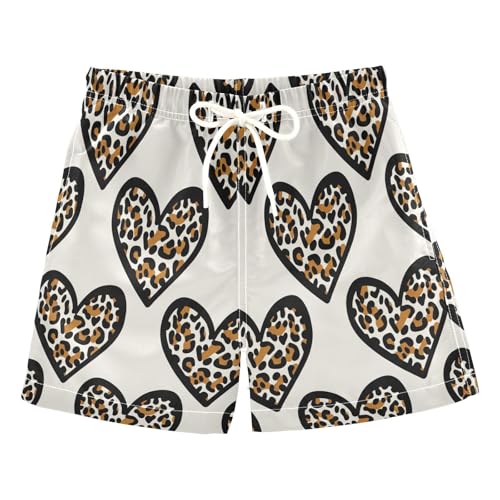 Kids Swim Trunks, Anti-Chafe Swim Trunks Boys 2 T, Black Outlined Hearts Leopard Spots