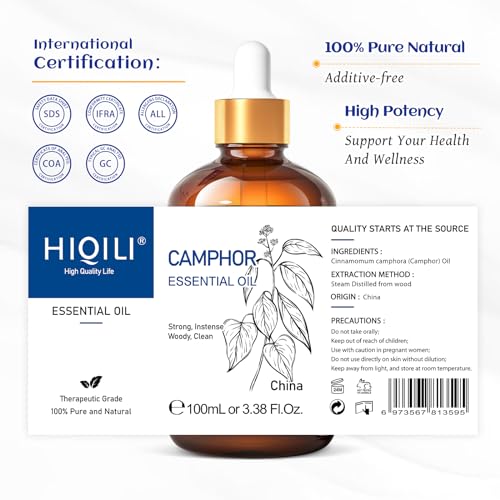 Image of HIQILI 100ML Camphor Essential Oil Pure, 100% Undiluted for Skin, Diffuser, Aromatherapy - 3.38 Fl Oz