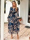 Simplee Women's Floral Boho Long Sleeve Maxi Dress V Neck Empire Waist Swing Flowy Wedding Guest Dress Navy Floral M - Image 2
