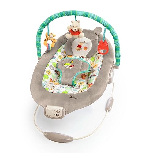 Bright Starts Disney Baby Winnie The Pooh Baby Bouncer Vibraciones Suave Deluxe Asiento Infantil - Antelina, Música, Barra de Juguetes Removible, 0-6 Meses 6-20 lbs (Puntos y Potitos de Miel)