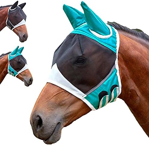 Horse Fly Mask Super Comfort Fly Masks for Horses with Ears Elasticity Horse Fly Mask UV Protection (Medium, Teal)