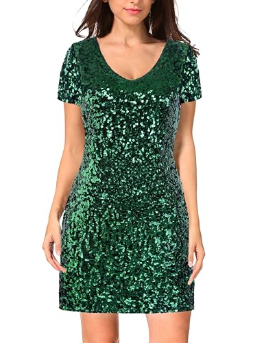 MANER Women's Sequin Glitter Short Sleeve Dress Sexy V Neck Mini Party Club Bodycon Dresses (Large,...
