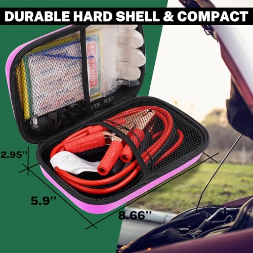 Car Roadside Emergency Kit with Battery Jumper Cables,Car Accessories for Men or Women,Automotive Safety Kit for Car,Vehicle, Truck or SUV,Gifts for Men or Him, Pink