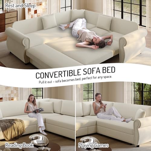 Image of KCGKCG 88.2 inch Sleeper Sofa Bed, Sectional Couches for Living Room /Apartment, Chenille L Shaped Couch with Pull Out Couch Bed, Convertible Sectional Sofa with Rolled Arm & Nailhead Trim, Beige