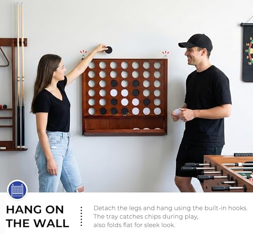 Image of Giant Wooden 4 in A Row Game for Indoor or Outdoor Games | Foldable Tray, 2 Styles of Play: Wall Mounted or Set-up on Ground, Carrying Case, Detachable Legs, Premium Varnished Pine
