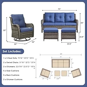 5 Piece Outdoor Patio Furniture Set Rattan Wicker Patio Conversation Sets with 2 Swivel Rocker Chairs2 Ottomans and 1 Sofa for Outside Porch Deck BackyardMixed GreyBlue
