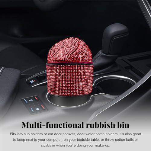 Image of Yourkar Bling Car Trash Can with Lid, Sparkling Crystal Auto Garbage Can with Leak-Proof Lid, Multipurpose Waterproof Trash Bin for Automotive Home Office Kitchen Bedroom (Red)