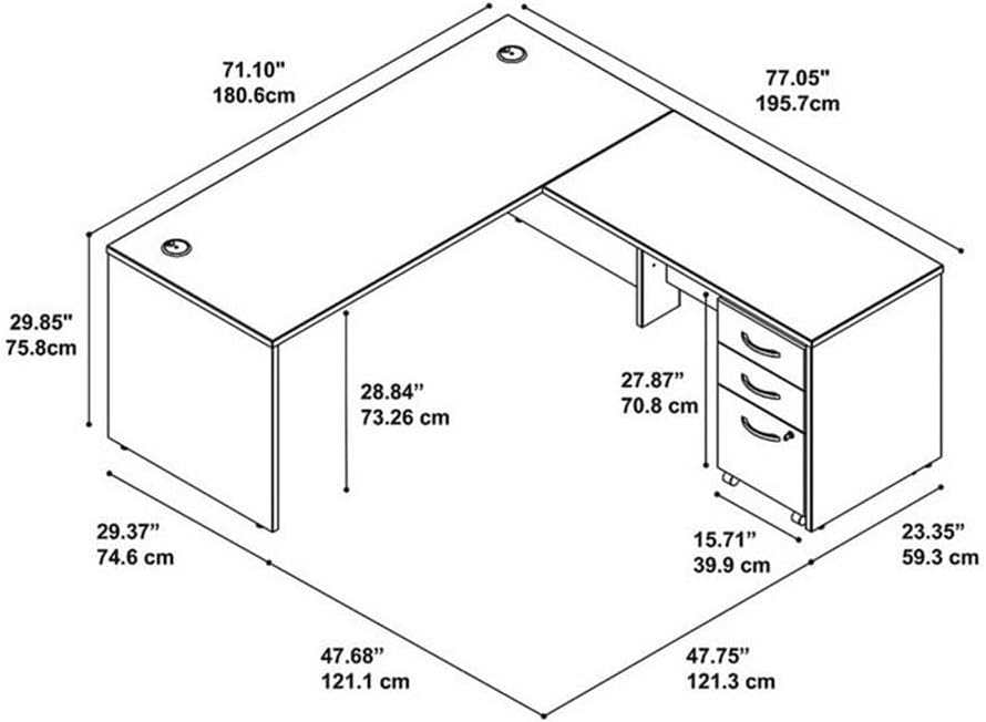 Diagram showing dimensions of the L-Shaped Desk and Mobile File Gabinet