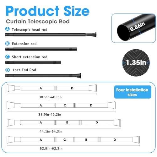 Image of MEXAU 1 Pack Spring Tension Curtain Rods 31-62 In Black Shower Curtain Rod