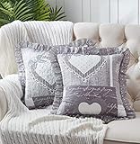 Brilliant Sunshine Patchwork Ruffle Pillow Cushion Covers Heart Love Vintage Print Quilted Scroll Embroidery Layers with Soft Filling Cases 18 x18 inch, Grey/White