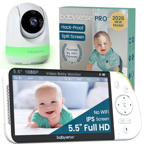 Babysense PRO Full HD 5.5" Split Screen Baby Monitor with Camera and Audio, 6-Color Night Light, White Noise, Sound & Light Machine, 20-Hour Battery, Hack-Proof Non-WiFi Secure Connection