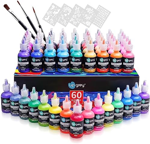 UPGREY 3D Fabric Paint Set for Clothes, 60 Colors (30ml Bottles) Permanent Textile Puffy Paints, Classic, Metallic, Glitter, Neon, Glow in the Dark for T-Shirt, Textiles, Canvas, Wood with 3 Brushes+5 Stencils