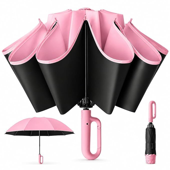Image of Zancia UV Reversible Umbrella with Novelty Carabiner Handle, Travel-Friendly Umbrellas for Sun & Rain Protection, Windproof Compact, Automatic Open /Close,Plant Cutter for Home Garden Men and Women
