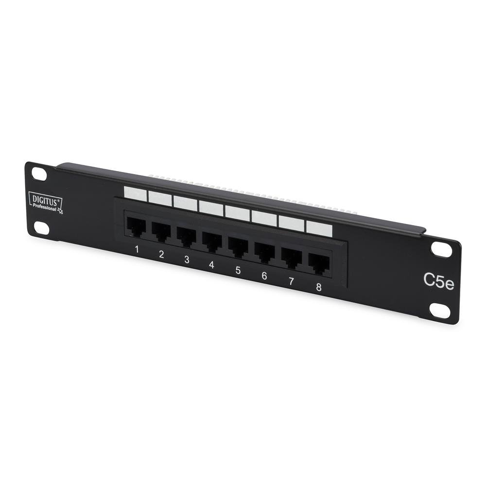 DIGITUS Cat-5e Patchpanel, 8 Ports, ungeschirmt, 10-Zoll Rack-Mount 1HE, LSA-Verteilerfeld, Schwarz