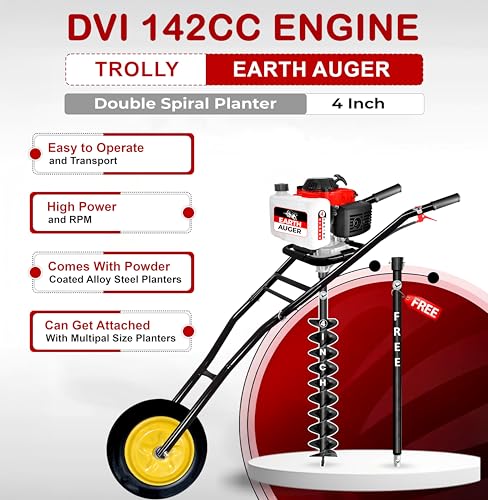 Image of DVI 142CC Trolley Earth Auger Machine, 4-Stroke Petrol Engine - with 4 Inch Double Spiral Planter Bits & Free Extension Rod | for Plantation, Fencing & Post Hole Digging in All Soil Types.