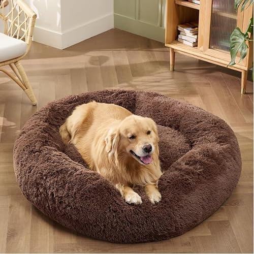 Image of ZEXSAZONE Summer Colling Calming Donut Dog Bed Mat for Medium Dogs & Cats | Ultra Soft Plush Washable Round Pet Bed | Anti-Slip Bottom Dog Mattress | Fluffy Cozy Pet Cushion | Coffee | 70 x 70 x 15 cm