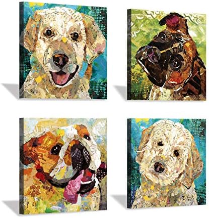Hardy Gallery Abstract Puppy Artwork Dog Painting: Animal Pet Picture Print on Wrapped on Canvas for Bedroom (12'' x 12'' x 4 Panels)