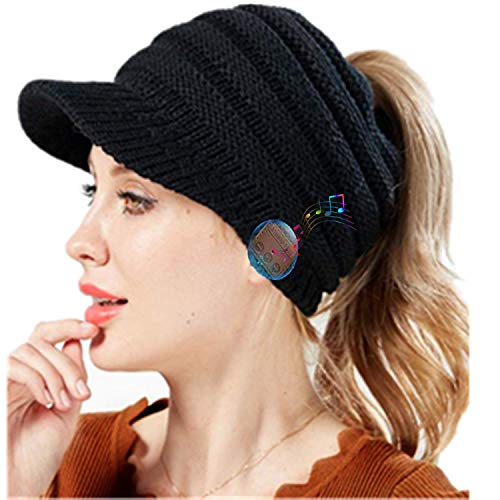 Product Image of the Bluetooth Beanie for Women, Wireless Headset Winter Knitted Messy Bun Hat Ponytail Hole Visor Caps with Stereo Headphones Mic Hands Free for Outdoor Sports